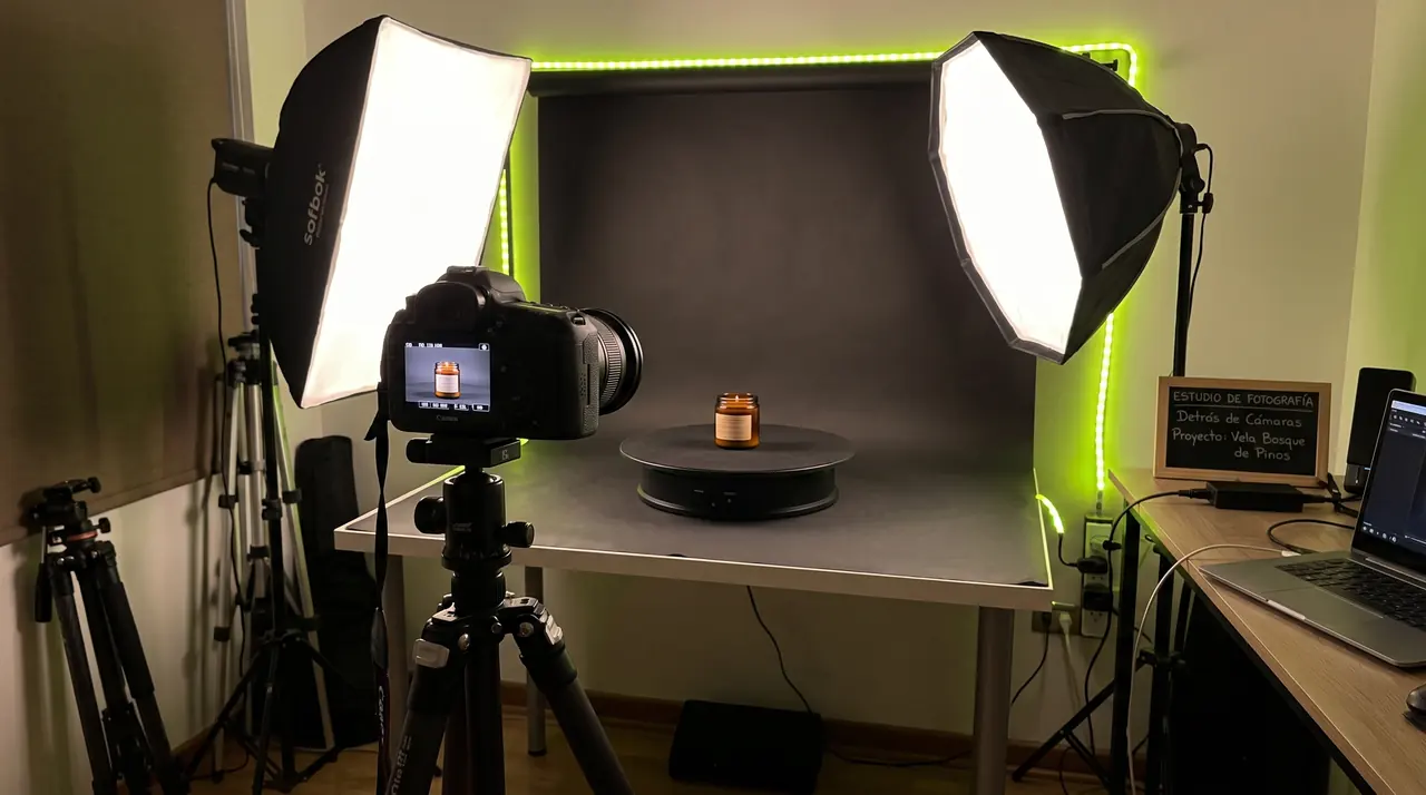Ejemplo referencial de set de estudio fotográfico con luces softbox, cámara en trípode y producto sobre plato giratorio