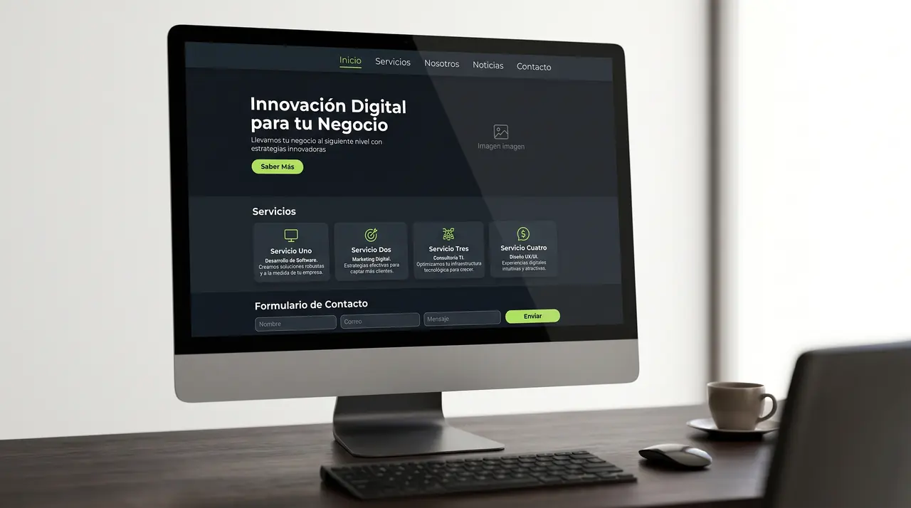 Ejemplo referencial de sitio web corporativo oscuro con servicios y formulario de contacto en un monitor